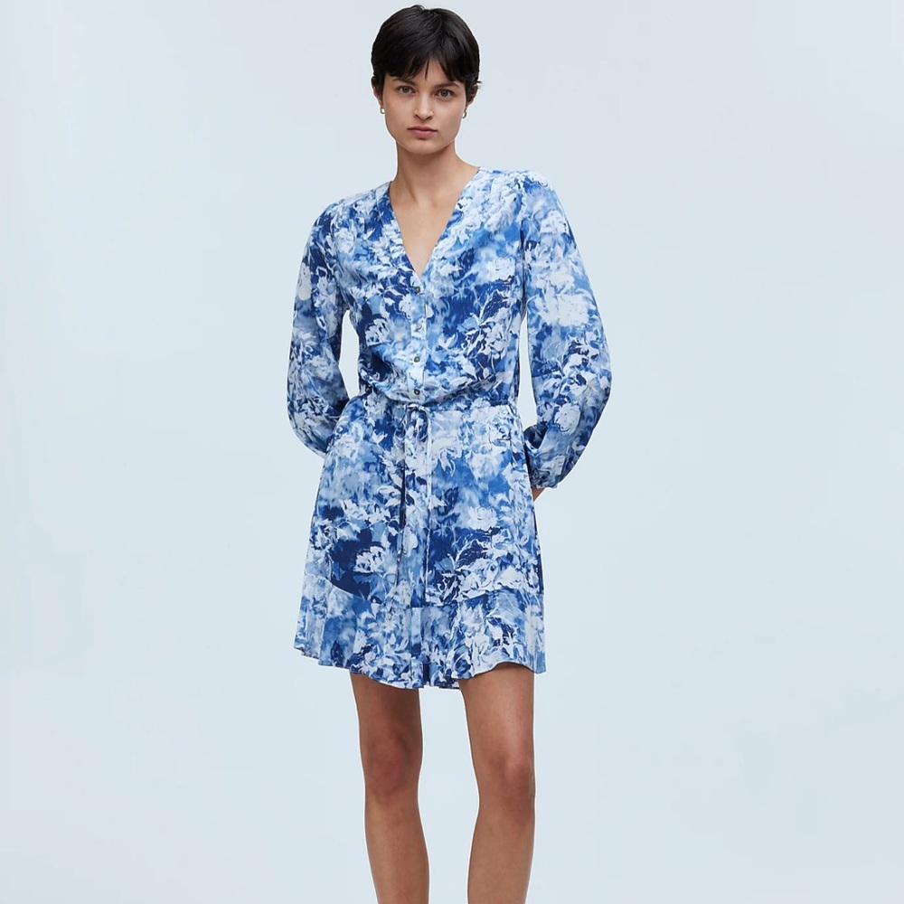 Madewell Tie-Waist Mini Shirtdress in Floral Crepe Azura Rose